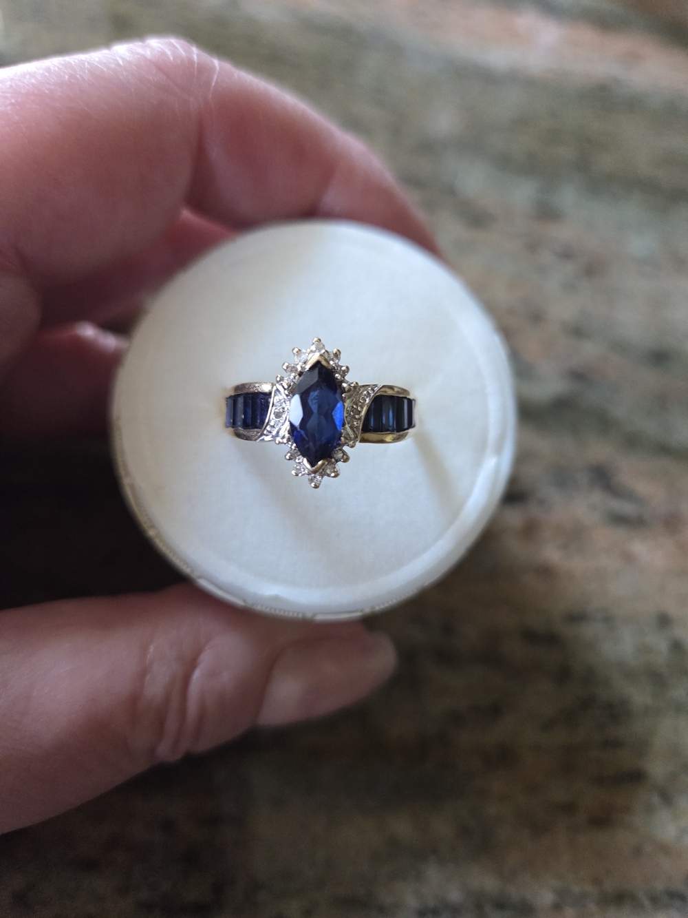 10k Gold Lab Sapphire Marquise Small Diamonds Halo Ring